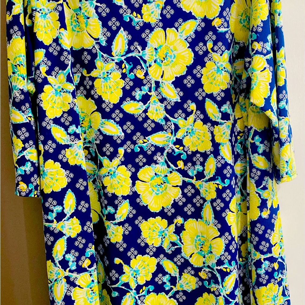 Ruby Rd. Navy Floral Long-Sleeve Shift Dress with Yellow Blooms